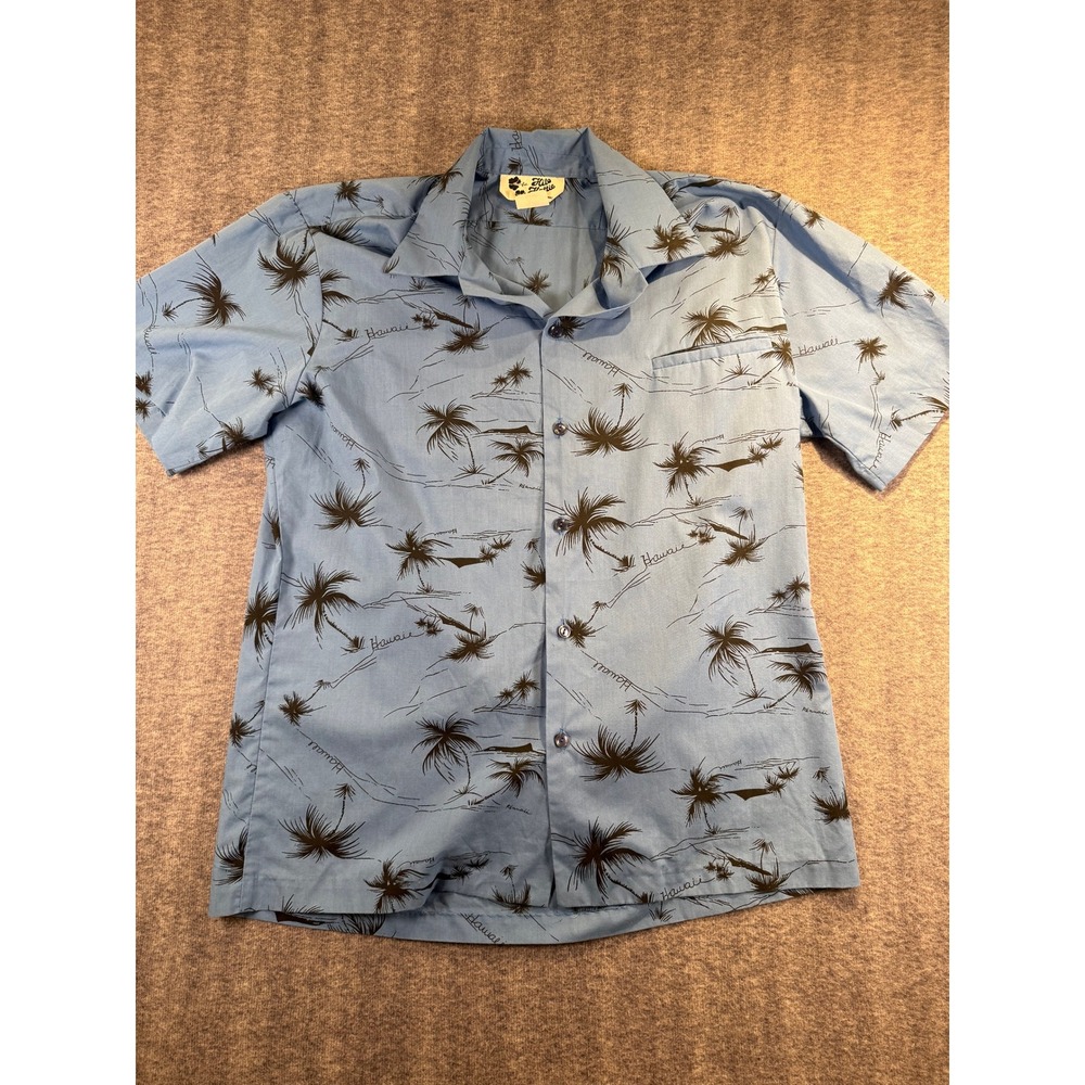 Hilo Hattie Hawaiian Shirt Mens Large Blue Palm Tree Short Sleeve Button Down